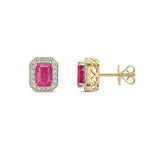 9ct Yellow Gold Octagonal Natural Ruby & Diamond Halo Stud Earrings — 6x4mm