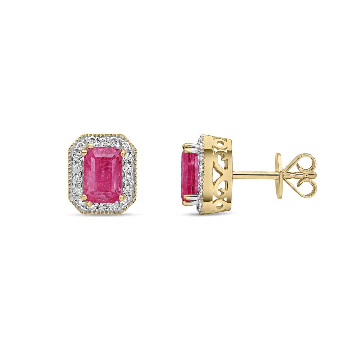 9ct Yellow Gold Octagonal Natural Ruby & Diamond Halo Stud Earrings — 6x4mm