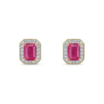 9ct Yellow Gold Octagonal Natural Ruby & Diamond Halo Stud Earrings — 6x4mm