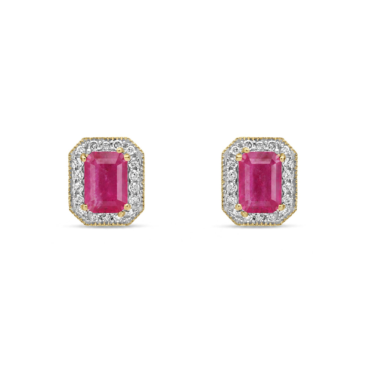 9ct Yellow Gold Octagonal Natural Ruby & Diamond Halo Stud Earrings — 6x4mm