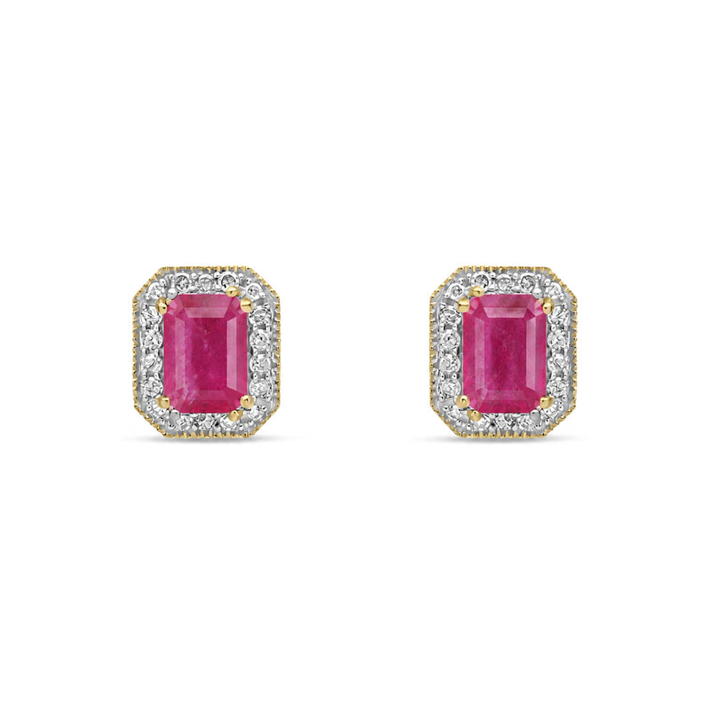 9ct Yellow Gold Octagonal Natural Ruby & Diamond Halo Stud Earrings — 6x4mm