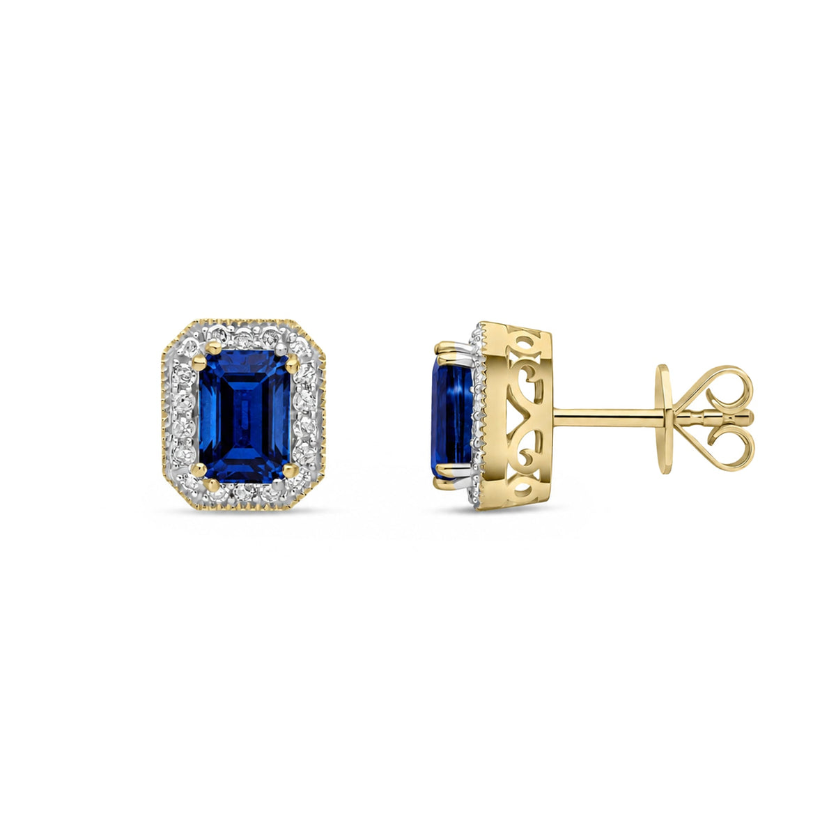 9ct Yellow Gold Octagonal Natural Sapphire & Diamond Halo Stud Earrings — 6x4mm