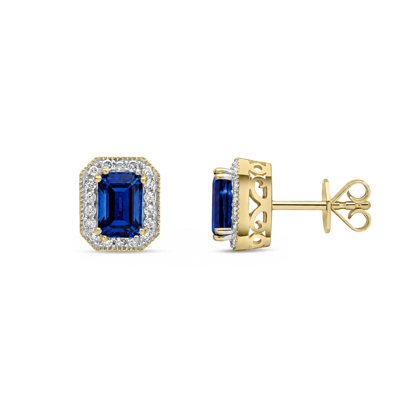9ct Yellow Gold Octagonal Natural Sapphire & Diamond Halo Stud Earrings — 6x4mm