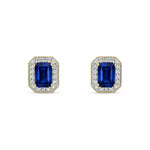 9ct Yellow Gold Octagonal Natural Sapphire & Diamond Halo Stud Earrings — 6x4mm