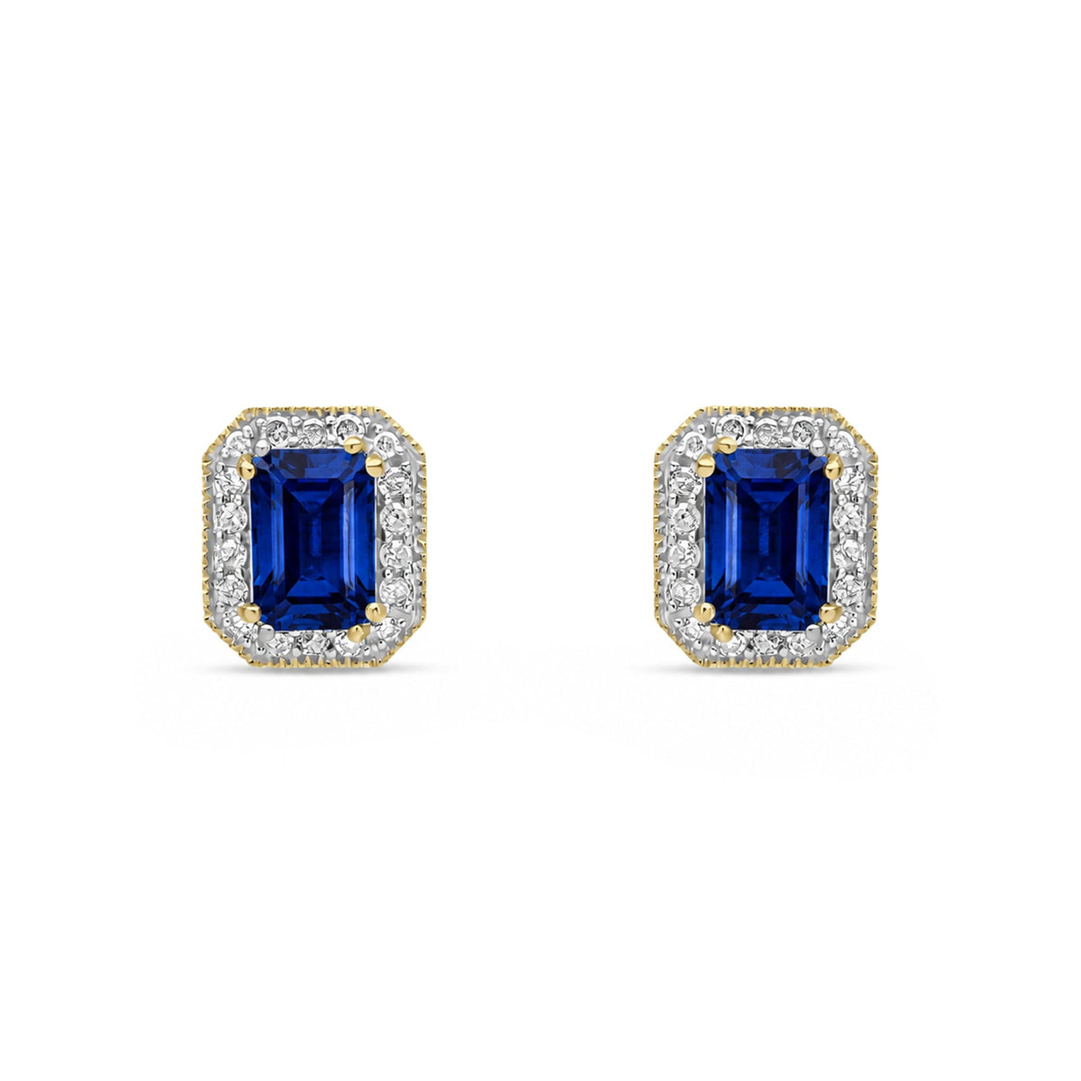 9ct Yellow Gold Octagonal Natural Sapphire & Diamond Halo Stud Earrings — 6x4mm