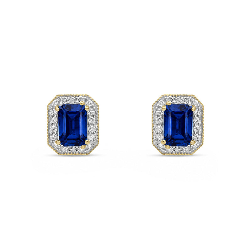 9ct Yellow Gold Octagonal Natural Sapphire & Diamond Halo Stud Earrings — 6x4mm