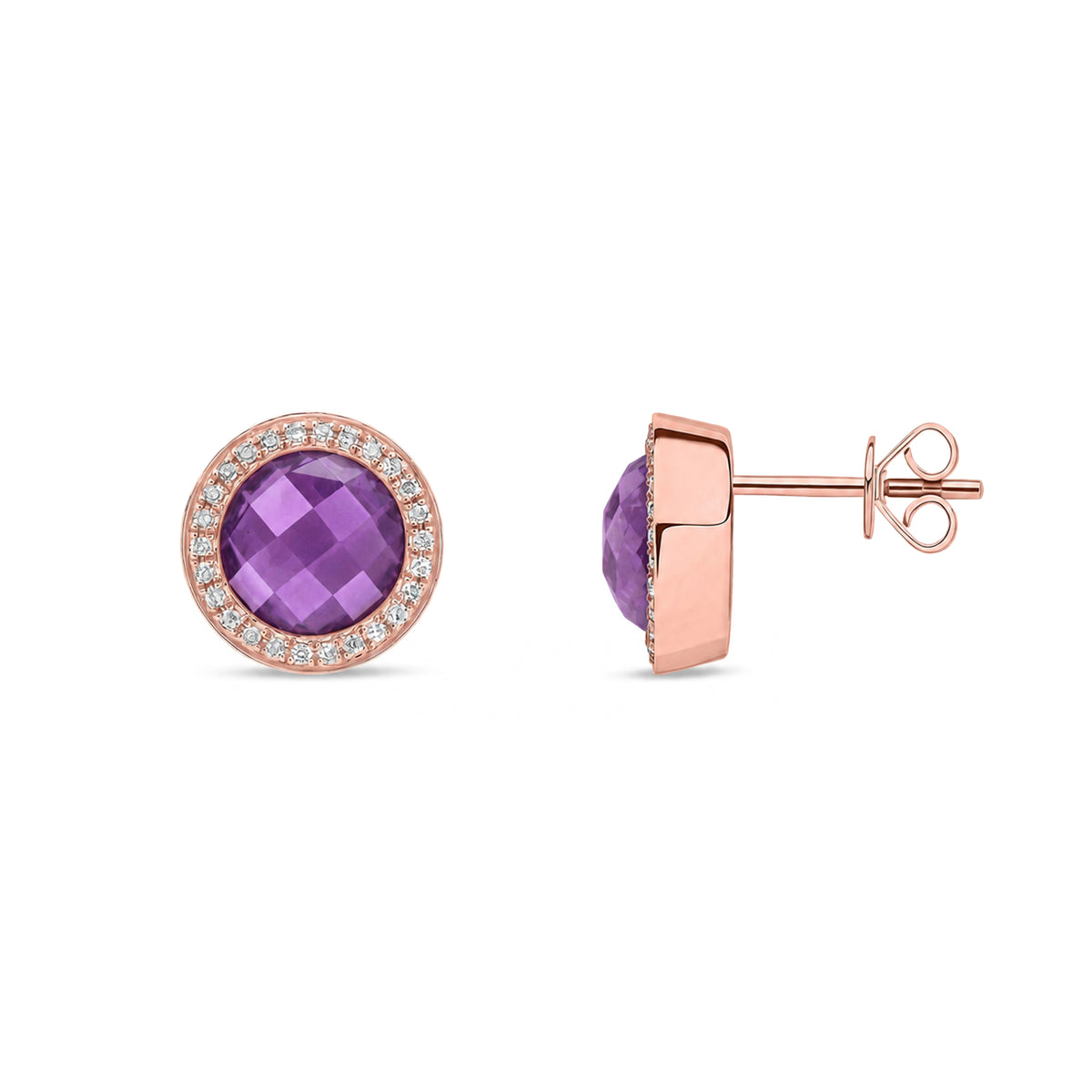 9ct Rose Gold Natural Amethyst and Diamond Stud Earrings