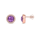 9ct Rose Gold Round Natural Amethyst & Diamond Statement Halo Stud Earrings — 8mm