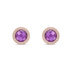 9ct Rose Gold Round Natural Amethyst & Diamond Statement Halo Stud Earrings — 8mm