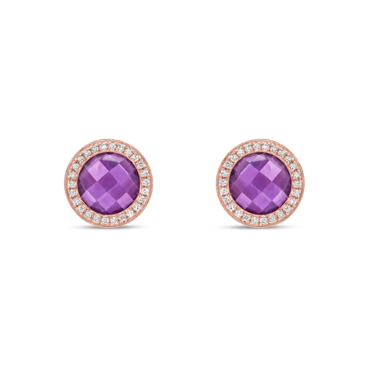 9ct Rose Gold Round Natural Amethyst & Diamond Statement Halo Stud Earrings — 8mm
