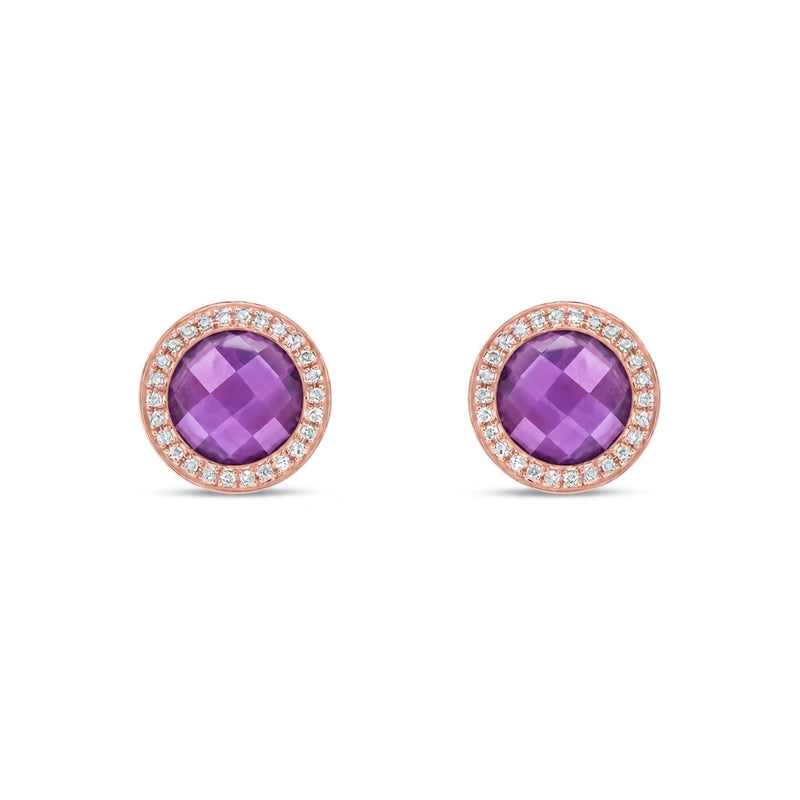 9ct Rose Gold Round Natural Amethyst & Diamond Statement Halo Stud Earrings — 8mm