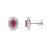 9ct White Gold Oval Natural Ruby & Diamond Cluster Stud Earrings — 6x4mm