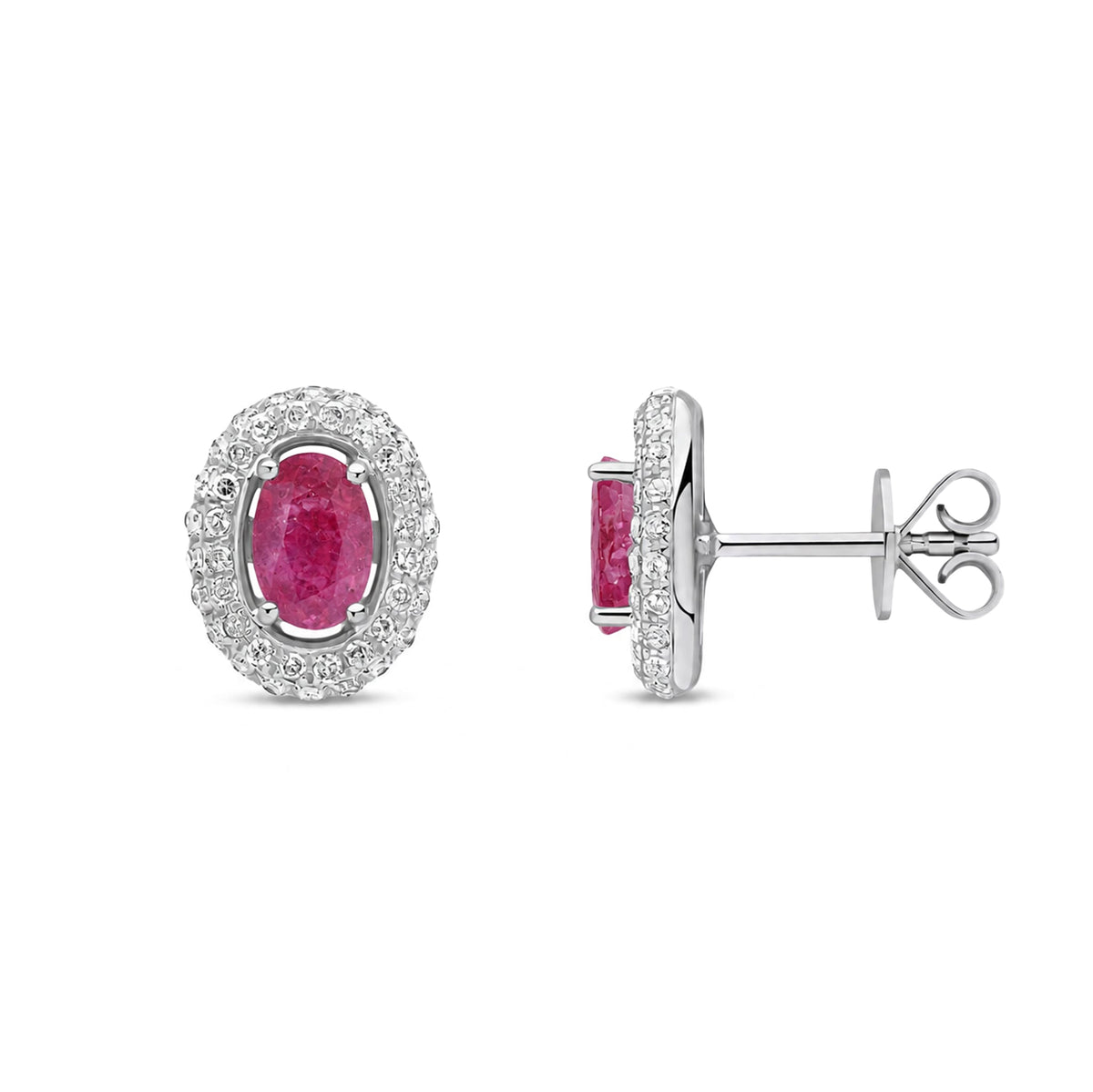9ct White Gold Oval Natural Ruby & Diamond Cluster Stud Earrings — 6x4mm