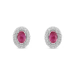 9ct White Gold Oval Natural Ruby & Diamond Cluster Stud Earrings — 6x4mm