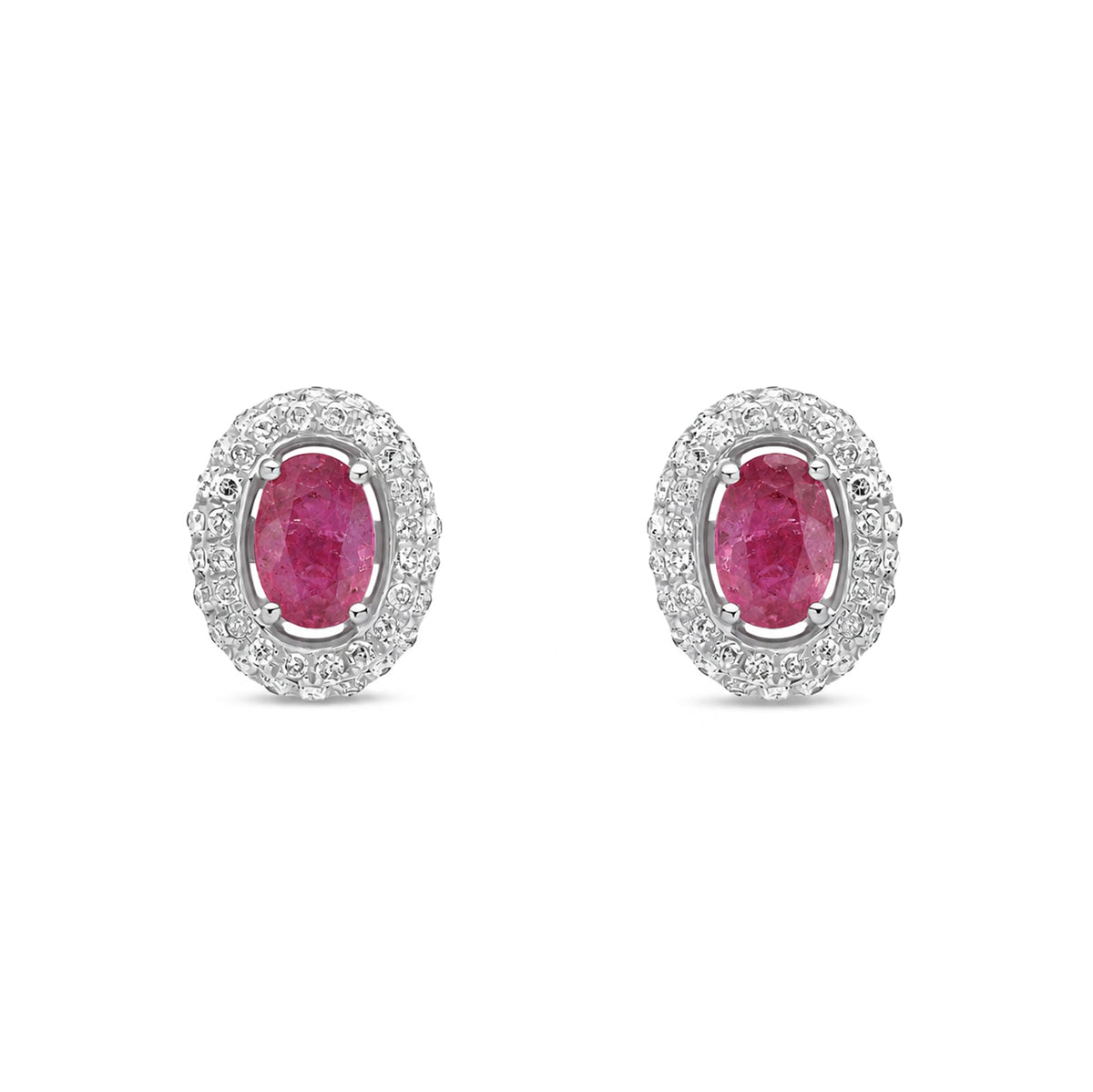 9ct White Gold Oval Natural Ruby & Diamond Cluster Stud Earrings — 6x4mm