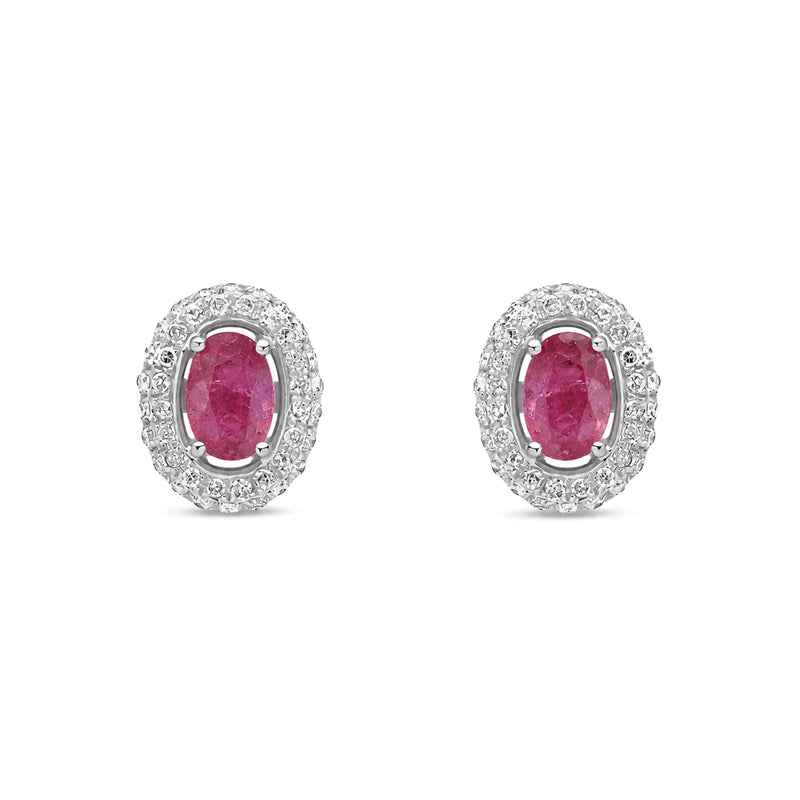 9ct White Gold Oval Natural Ruby & Diamond Cluster Stud Earrings — 6x4mm