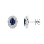 9ct White Gold Oval Natural Sapphire & Diamond Cluster Stud Earrings — 6x4mm