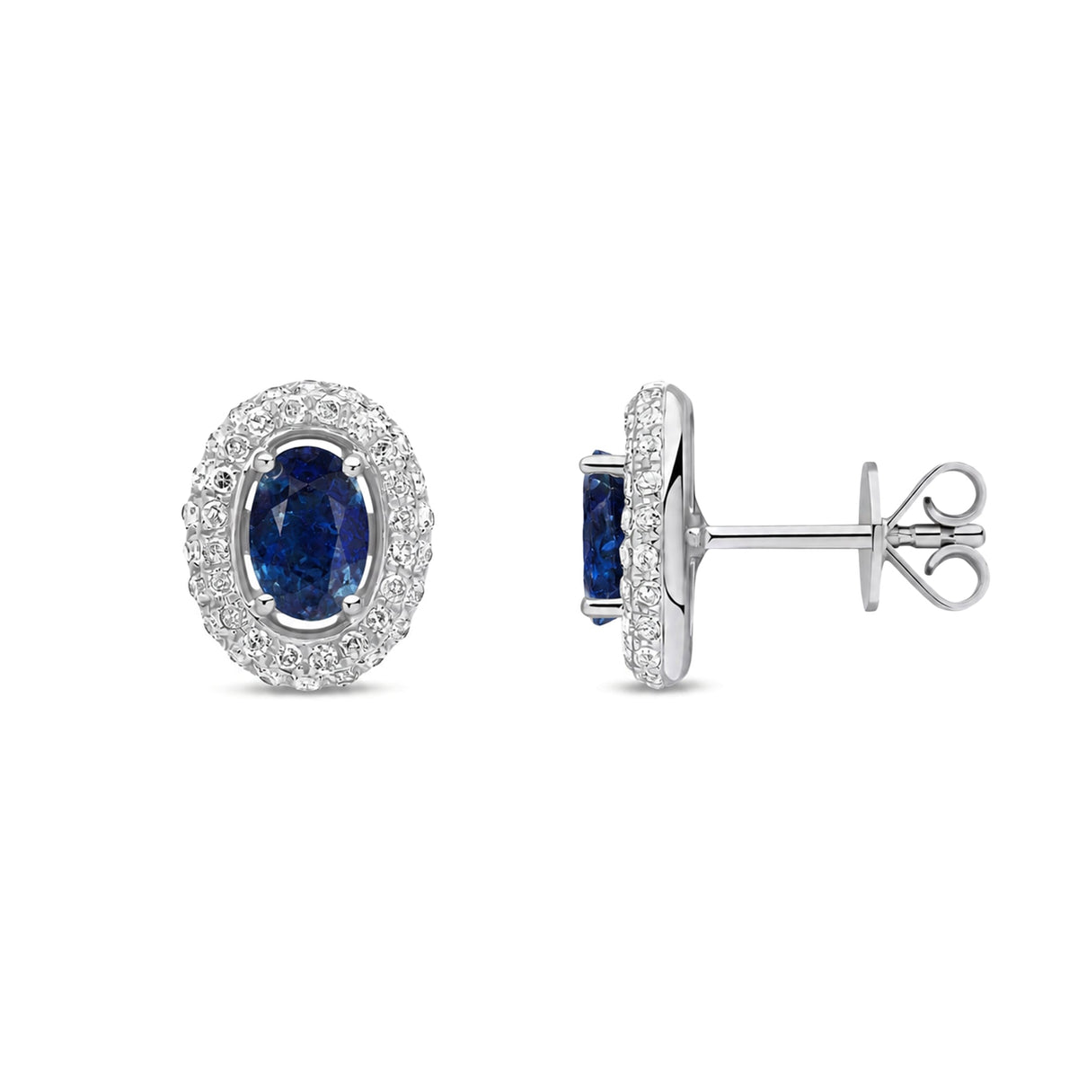 9ct White Gold Oval Natural Sapphire & Diamond Cluster Stud Earrings — 6x4mm