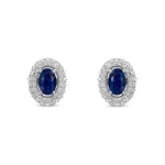 9ct White Gold Oval Natural Sapphire & Diamond Cluster Stud Earrings — 6x4mm