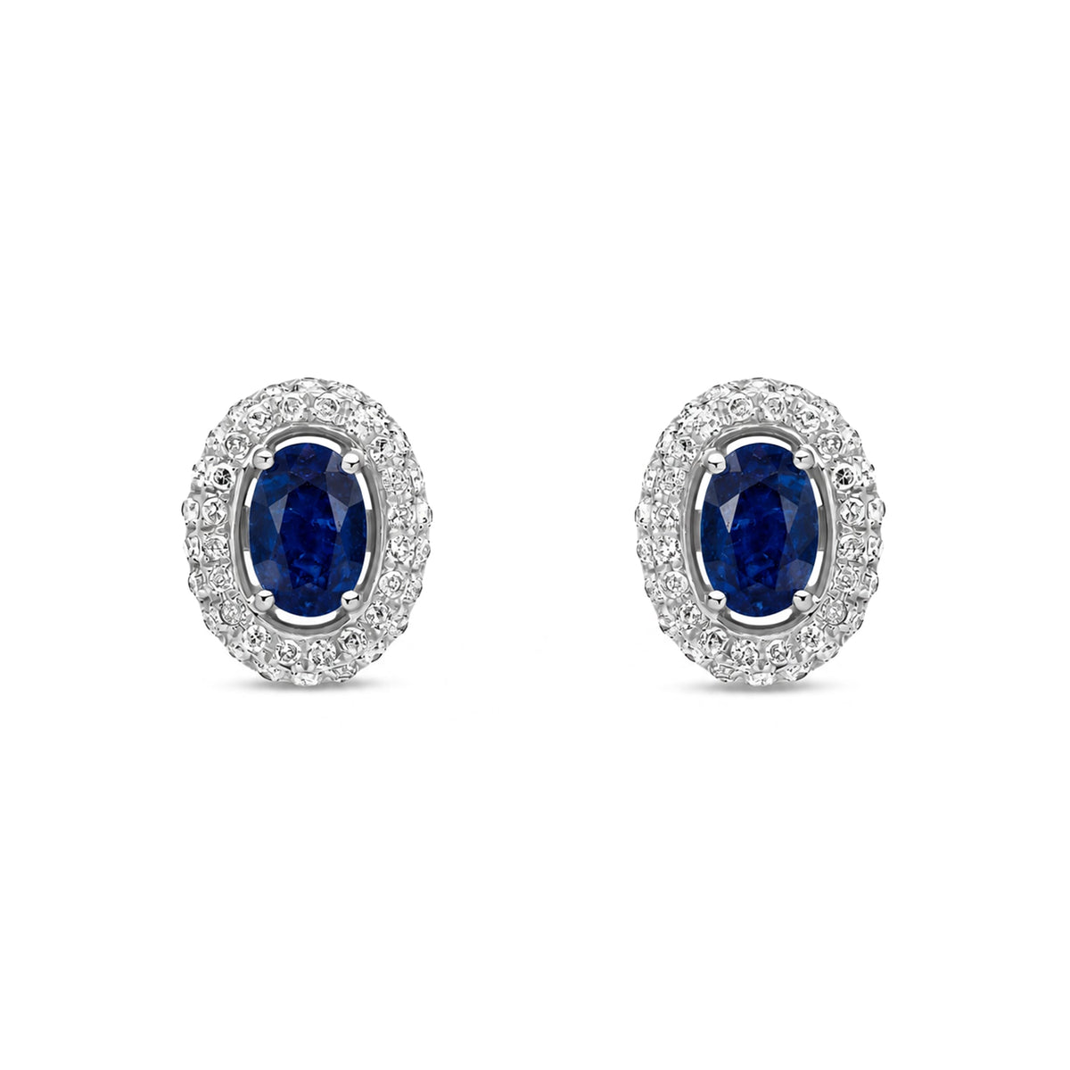 9ct White Gold Oval Natural Sapphire & Diamond Cluster Stud Earrings — 6x4mm