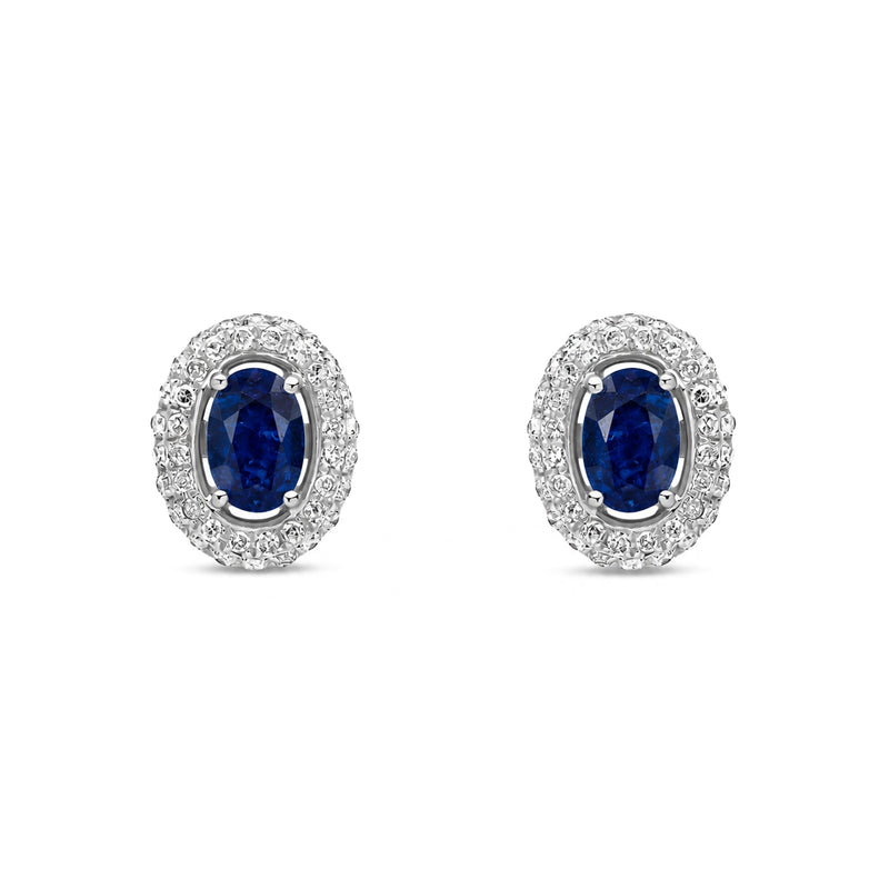 9ct White Gold Oval Natural Sapphire & Diamond Cluster Stud Earrings — 6x4mm