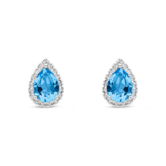 9ct White Gold Natural Swiss Blue Topaz and Diamond Halo Teardrop Stud Earrings
