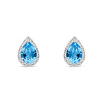 9ct White Gold Pear Shaped Natural Swiss Blue Topaz & Diamond Halo Stud Earrings — 8x6mm