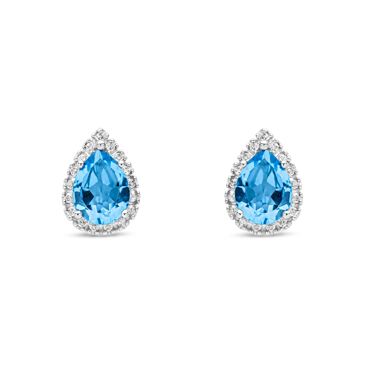 9ct White Gold Pear Shaped Natural Swiss Blue Topaz & Diamond Halo Stud Earrings — 8x6mm