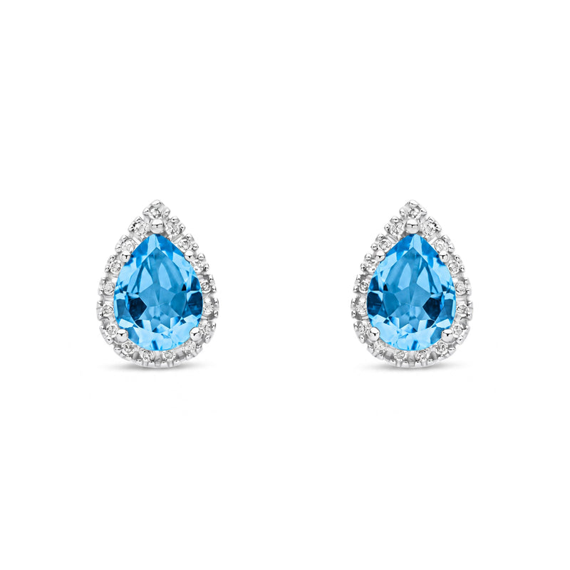 9ct White Gold Pear Shaped Natural Swiss Blue Topaz & Diamond Halo Stud Earrings — 8x6mm