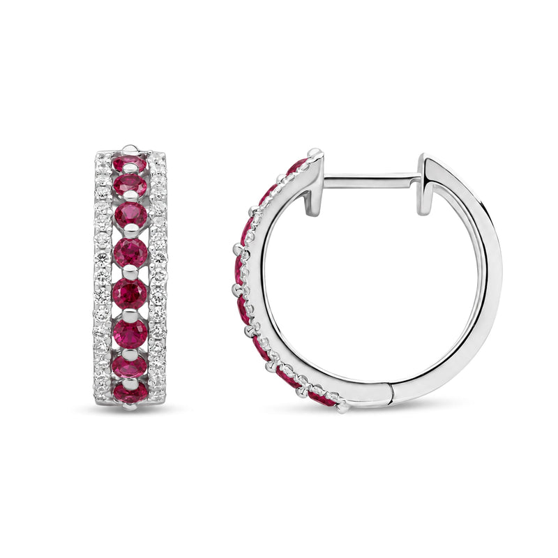9ct White Gold Round Natural Ruby & Diamond Huggie Earrings
