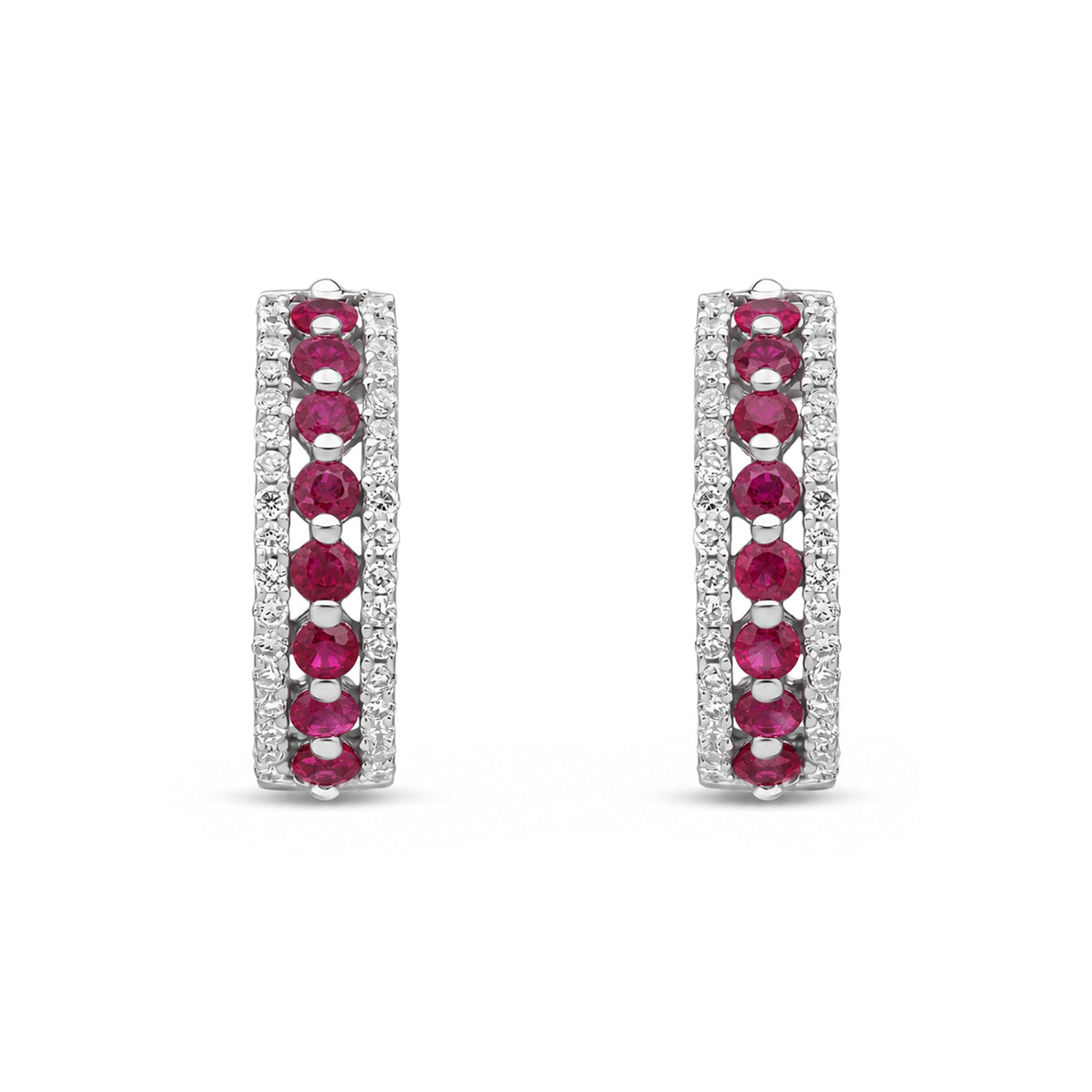 9ct White Gold Round Natural Ruby & Diamond Huggie Earrings
