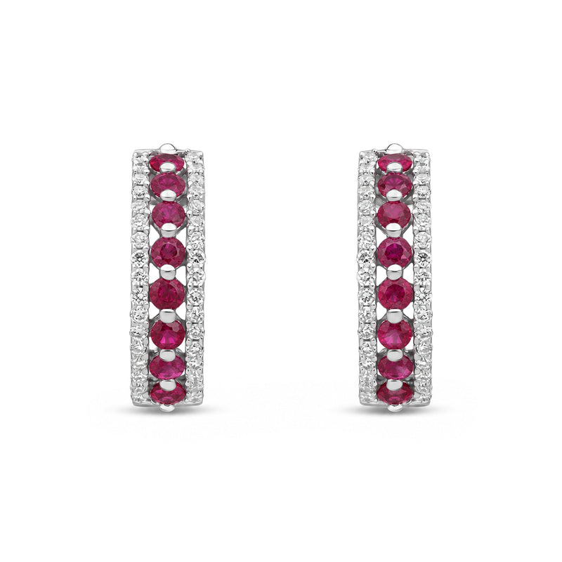 9ct White Gold Round Natural Ruby & Diamond Huggie Earrings