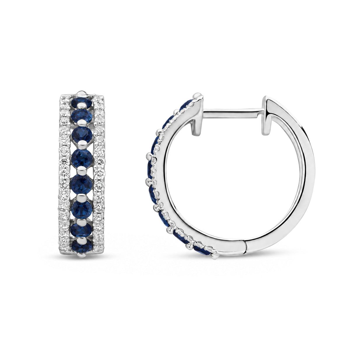 9ct White Gold Round Natural Sapphire & Diamond Huggie Earrings