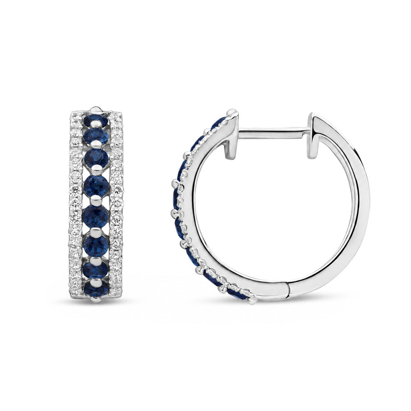 9ct White Gold Round Natural Sapphire & Diamond Huggie Earrings