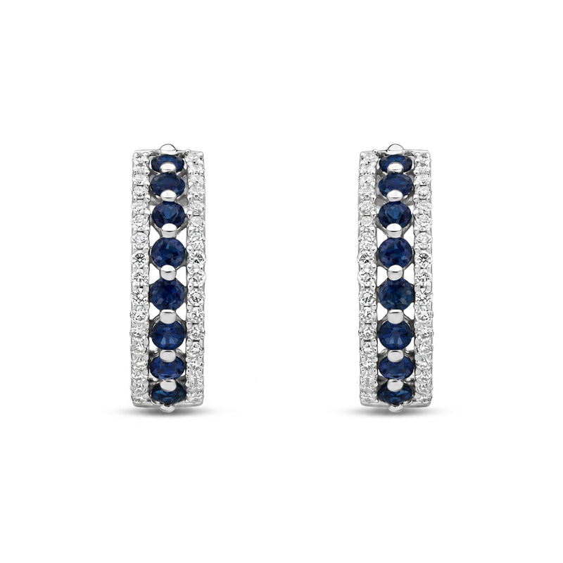 9ct White Gold Round Natural Sapphire & Diamond Huggie Earrings