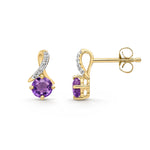 9ct Yellow Gold Round Natural Amethyst & Diamond Crossover Stud Earrings