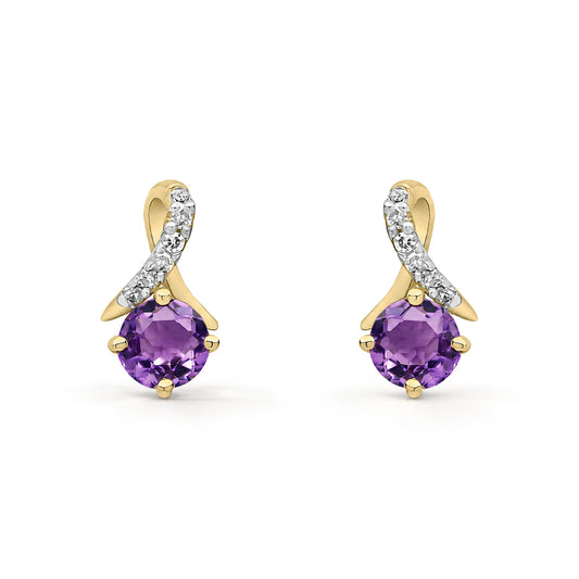 9ct Yellow Gold Natural Amethyst and Diamond Crossover Stud Earrings