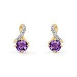 9ct Yellow Gold Round Natural Amethyst & Diamond Crossover Stud Earrings
