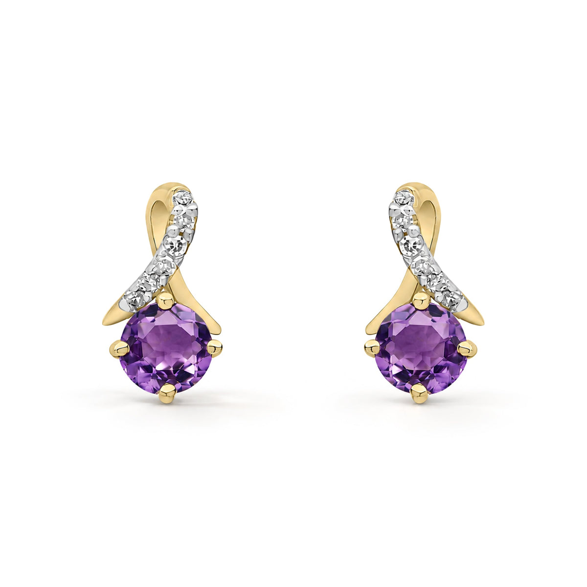 9ct Yellow Gold Round Natural Amethyst & Diamond Crossover Stud Earrings