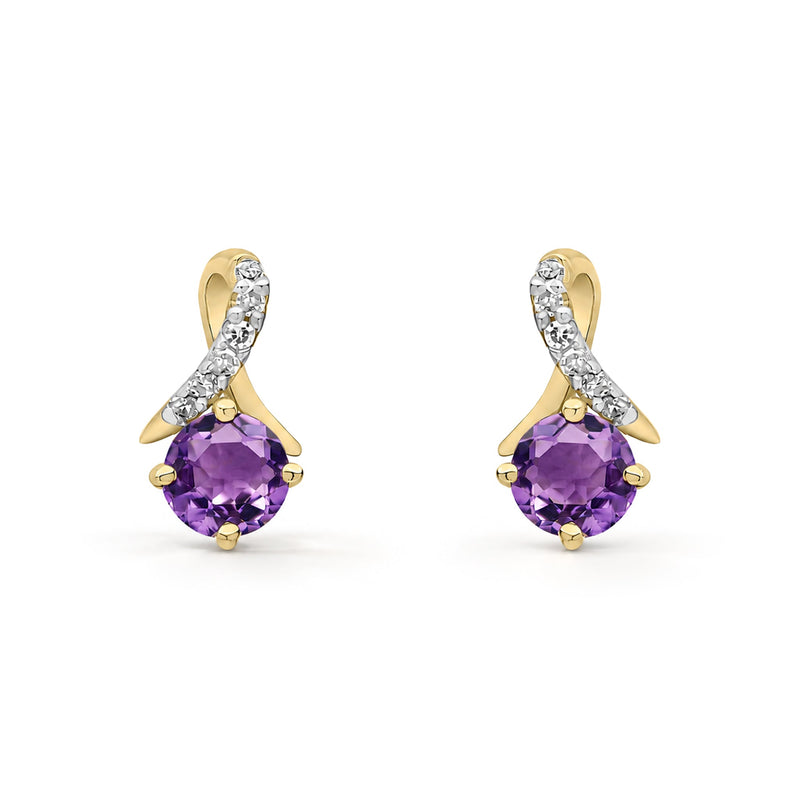 9ct Yellow Gold Round Natural Amethyst & Diamond Crossover Stud Earrings