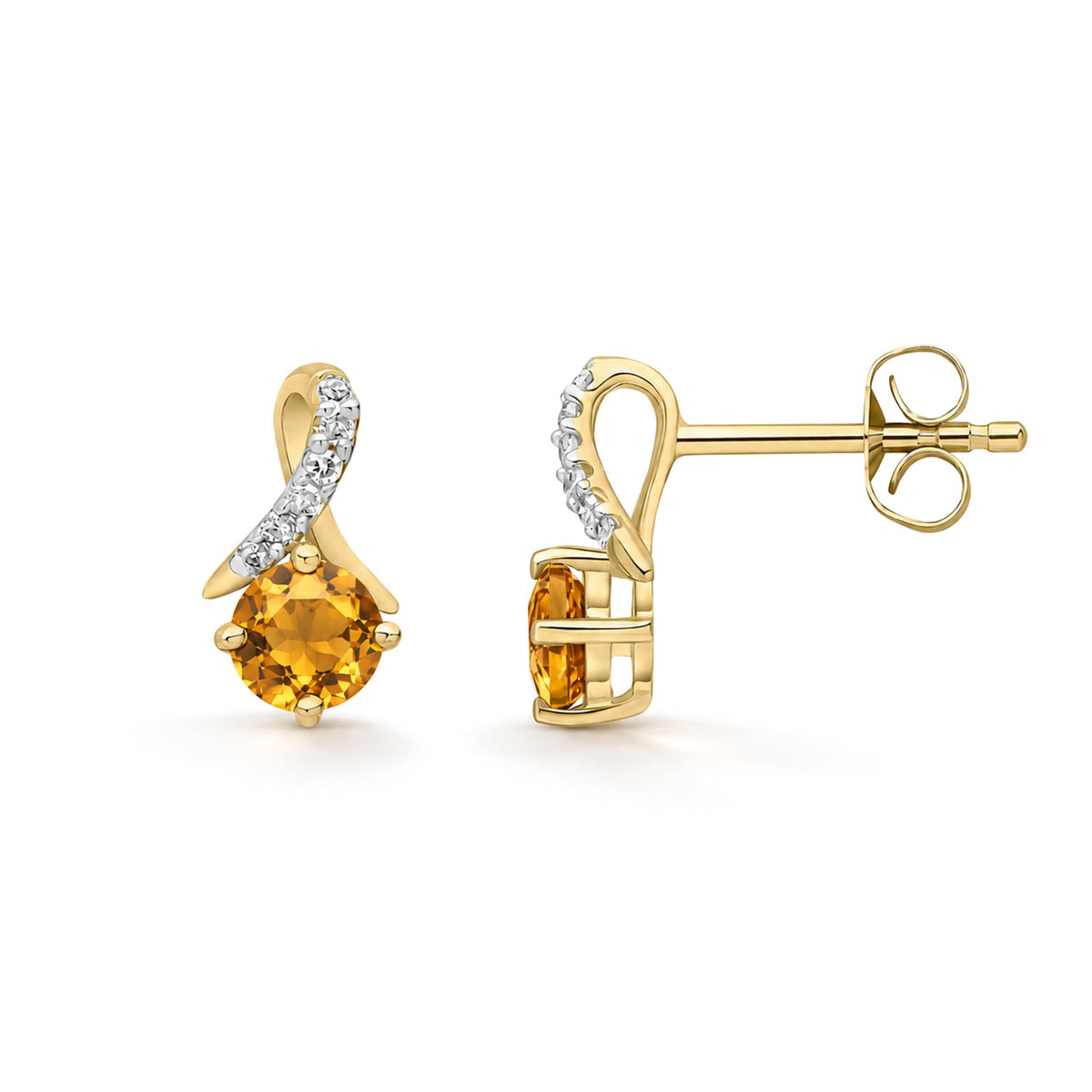 9ct Yellow Gold Round Natural Citrine & Diamond Crossover Stud Earrings