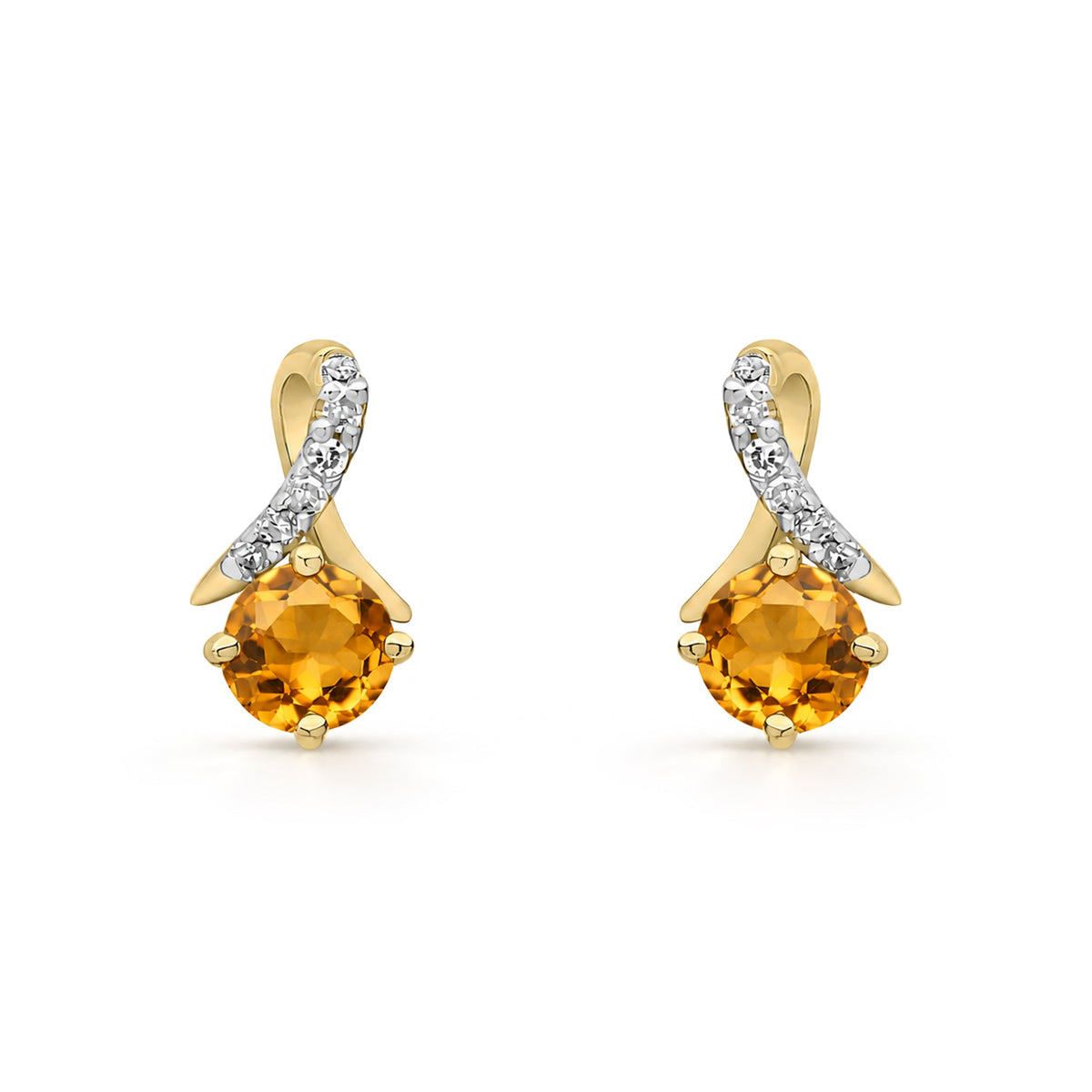 9ct Yellow Gold Round Natural Citrine & Diamond Crossover Stud Earrings
