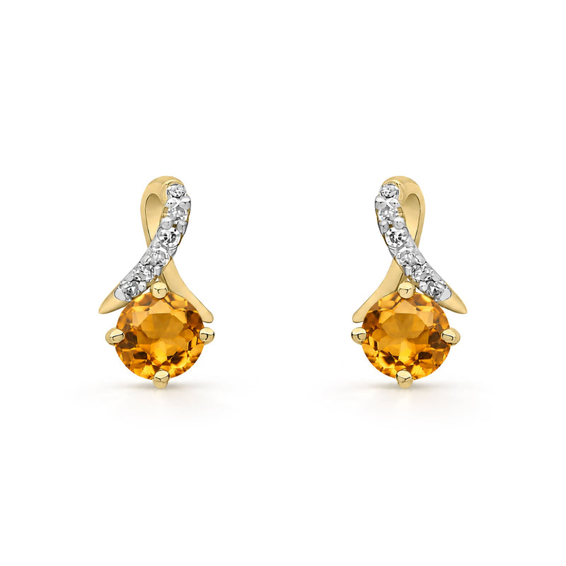 9ct Yellow Gold Round Natural Citrine & Diamond Crossover Stud Earrings