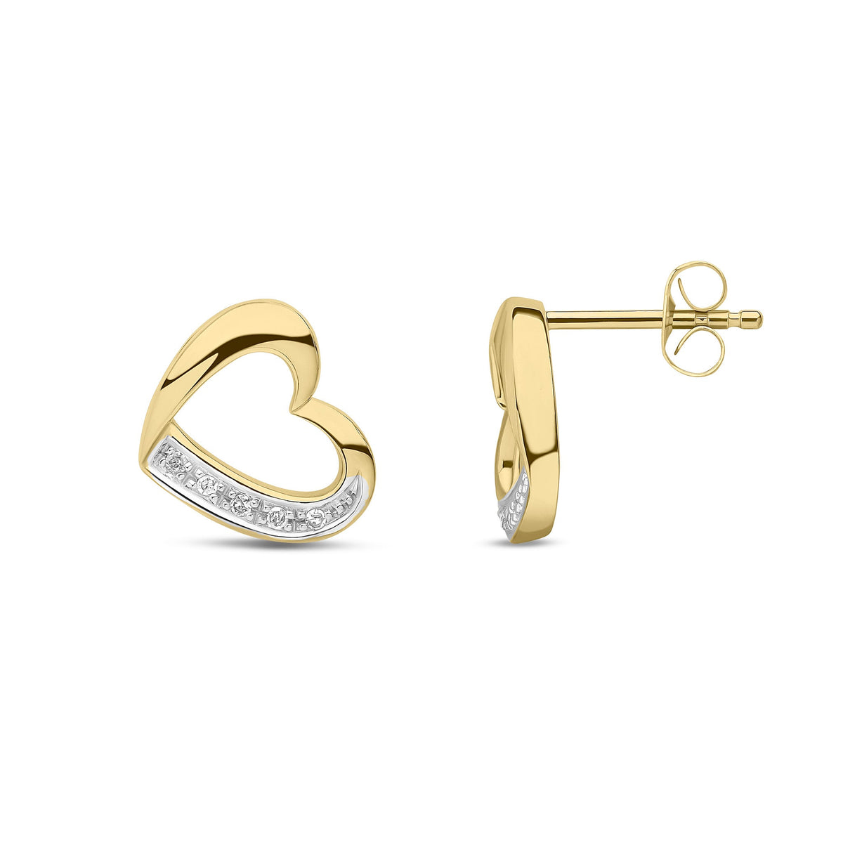 9ct Yellow Gold Natural Diamond Open Heart Stud Earrings