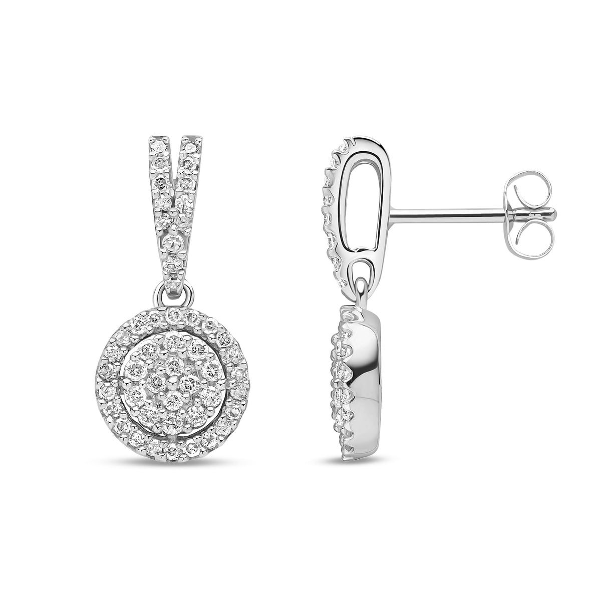 9ct White Gold Natural Diamond Cluster Halo Drop Earrings