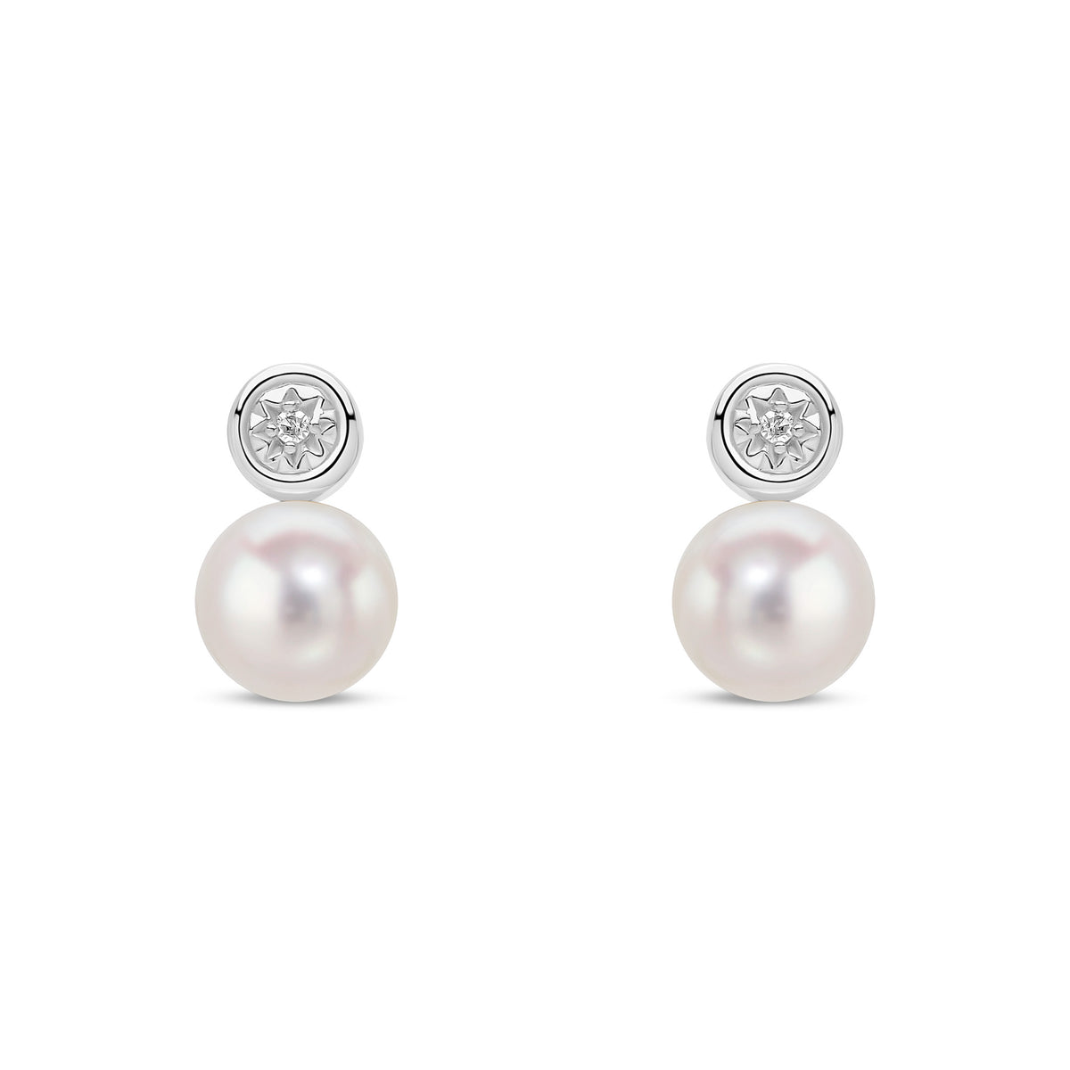 9ct White Gold Cultured Freshwater Pearl and Diamond Solitaire Pearl Stud Earrings