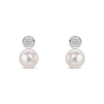 9ct White Gold Cultured Freshwater Pearl and Natural Diamond Solitaire Pearl Stud Earrings