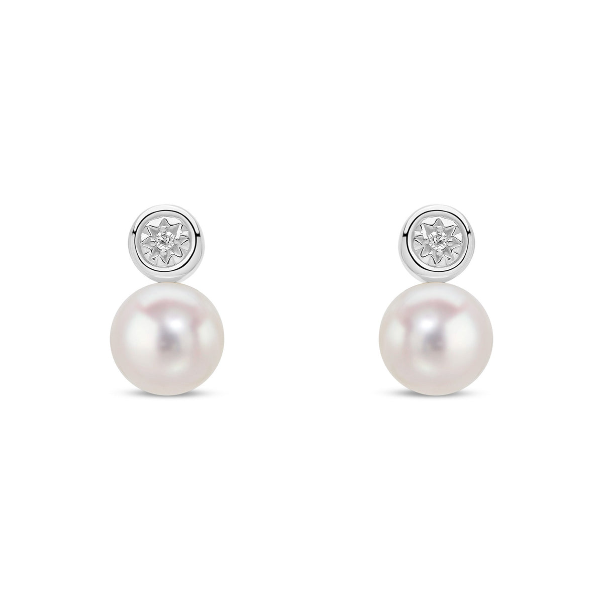 9ct White Gold Cultured Freshwater Pearl and Natural Diamond Solitaire Pearl Stud Earrings