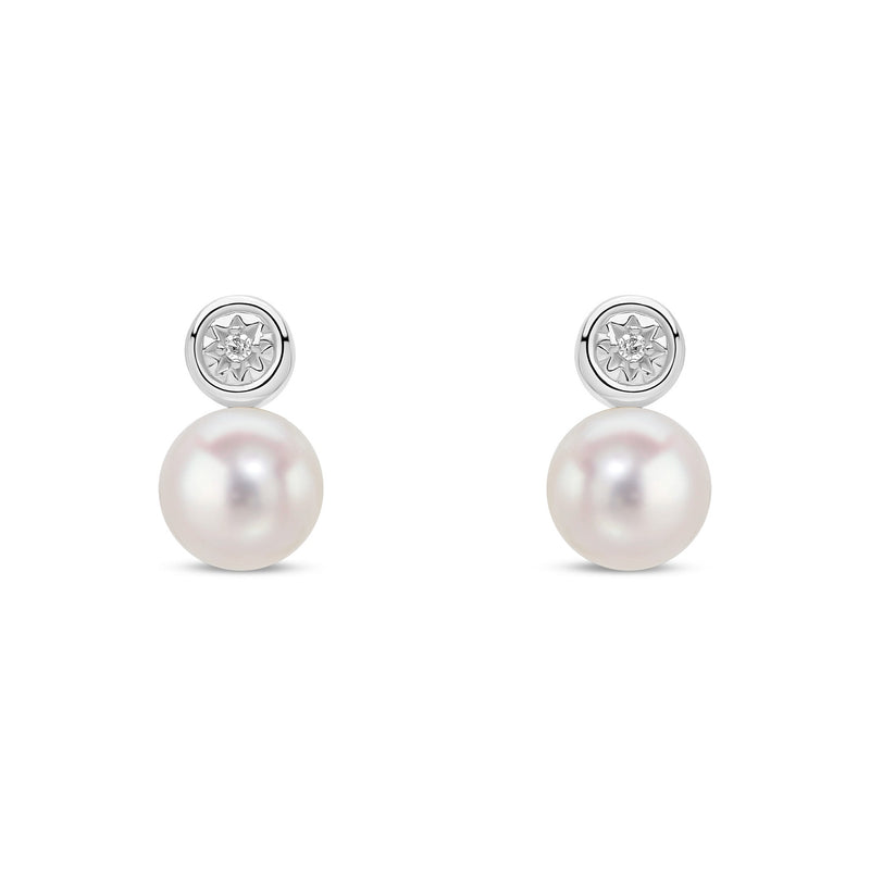9ct White Gold Cultured Freshwater Pearl and Natural Diamond Solitaire Pearl Stud Earrings