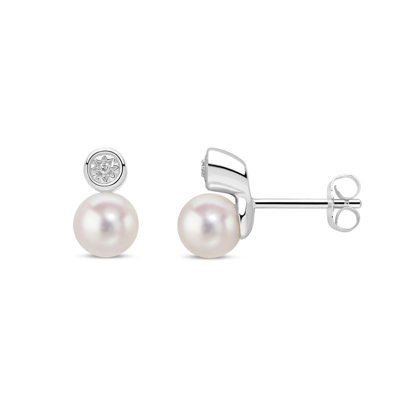 9ct White Gold Cultured Freshwater Pearl and Natural Diamond Solitaire Pearl Stud Earrings